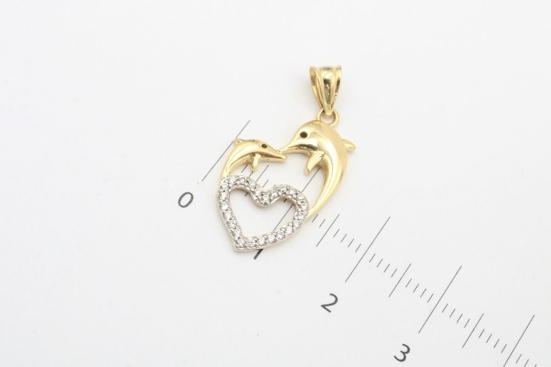 Dije de Oro 14k Delfines y Corazón de Zirconias mod. 0648