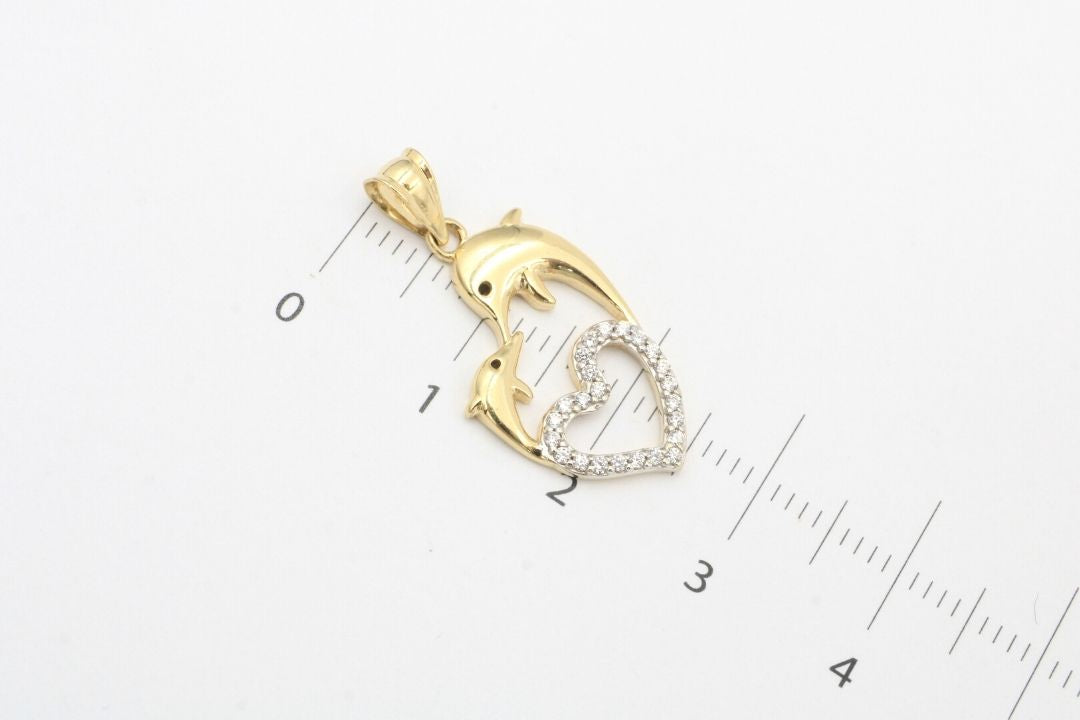 Dije de Oro 14k Delfines y Corazón de Zirconias mod. 0648