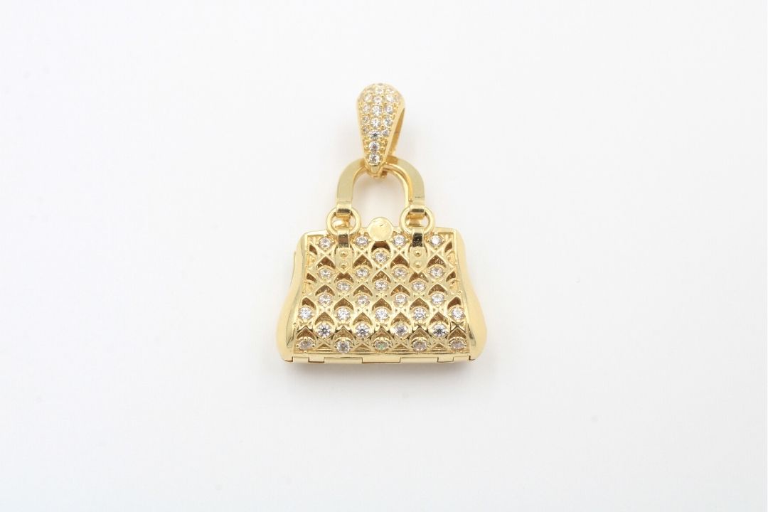 Dije de Oro 14k Bolso Brillante con Zirconias de Diseño Elegante mod. 0963